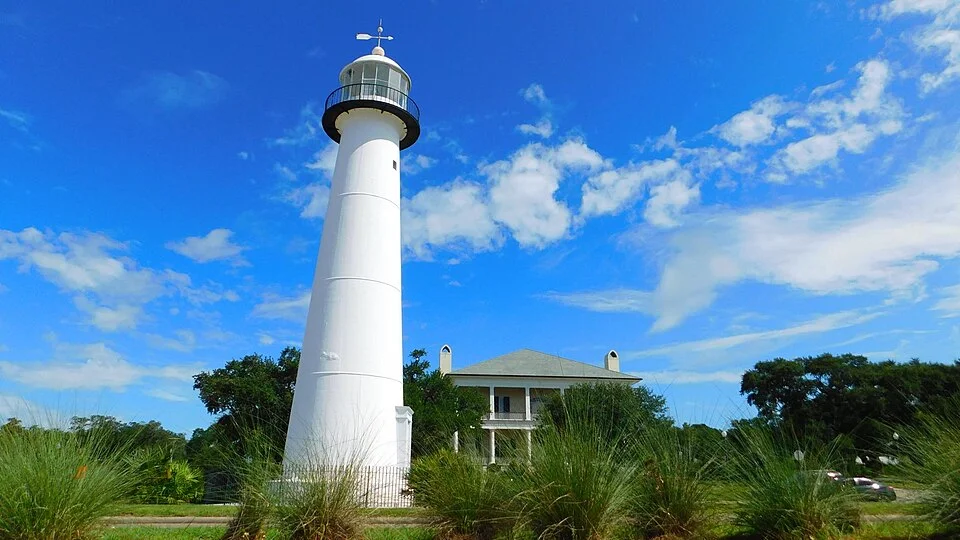 Biloxi Lighthouse against a bright blue sky