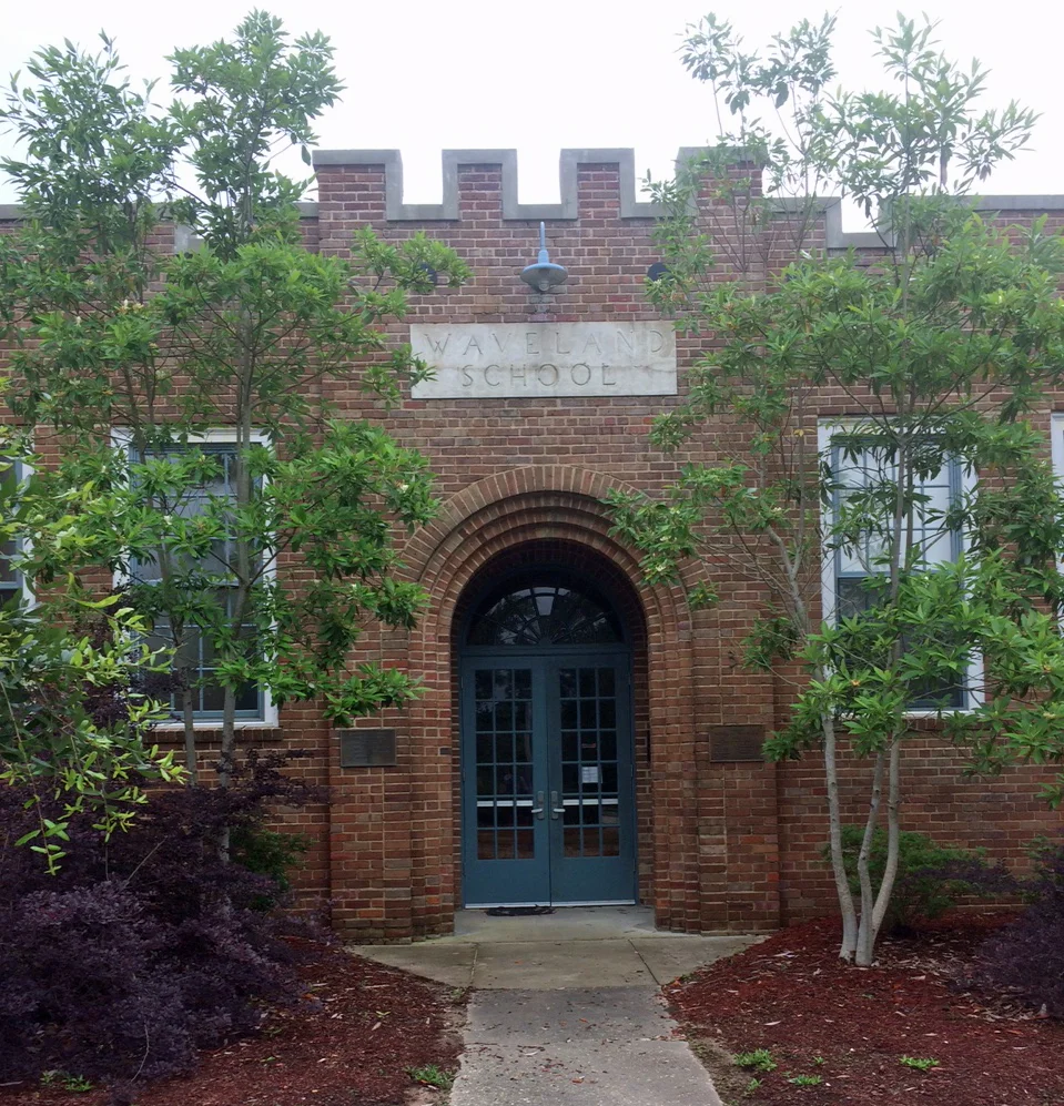 Historic Waveland School entrance and stone nameplate